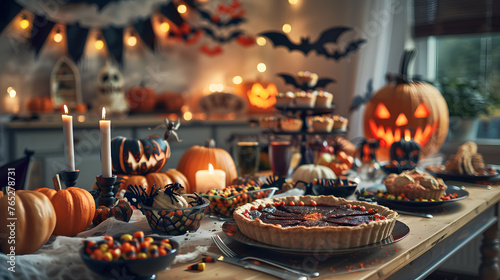 A table full of Halloween food at a party, with details of the spooky and delicious treats, the festive decorations, and the people enjoying themselves.