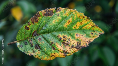 A closeup of a once vibrant green leaf now wilting and showing signs of decay from acid rain exposure.