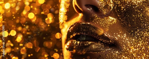A woman's face is covered in gold glitter