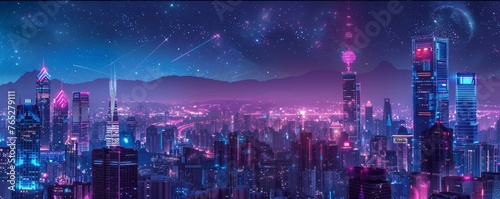 A city skyline with a pink and purple sky in the background photo