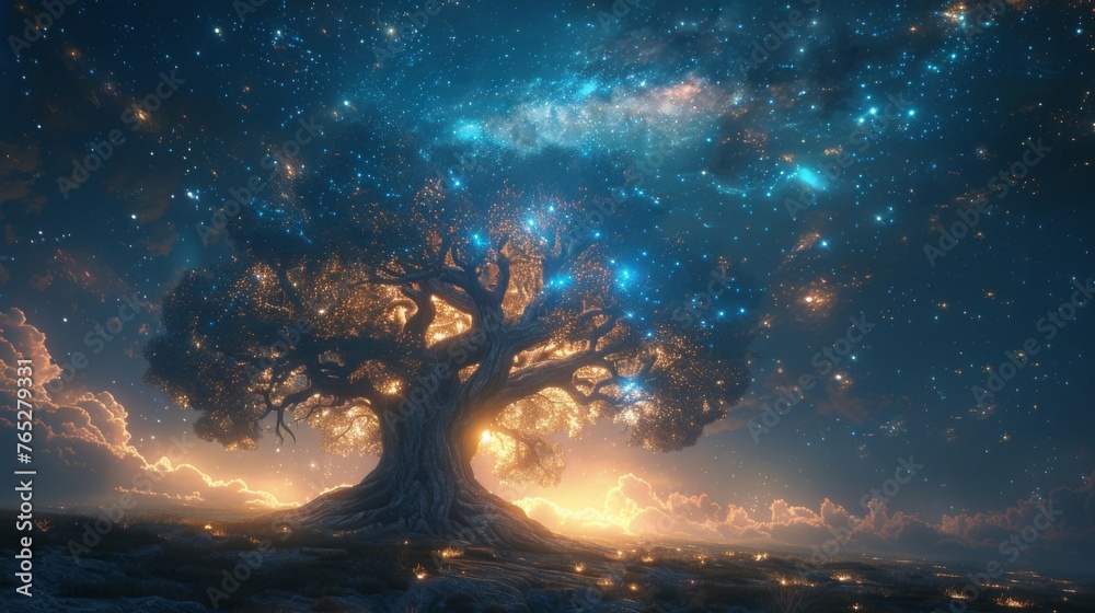 The stars seem to le brighter in the presence of this magnificent tree as if drawn towards its allknowing energy. - obrazy, fototapety, plakaty 