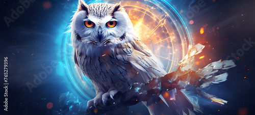 photograph of a white owl robot adorned in celestial sun and moon, ai generative