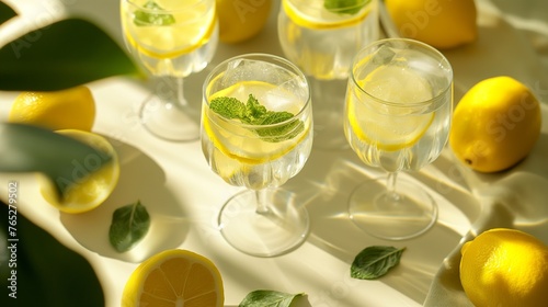 A set of vintage glass goblets filled with sparkling water, adorned with lemon slices and mint leaves
