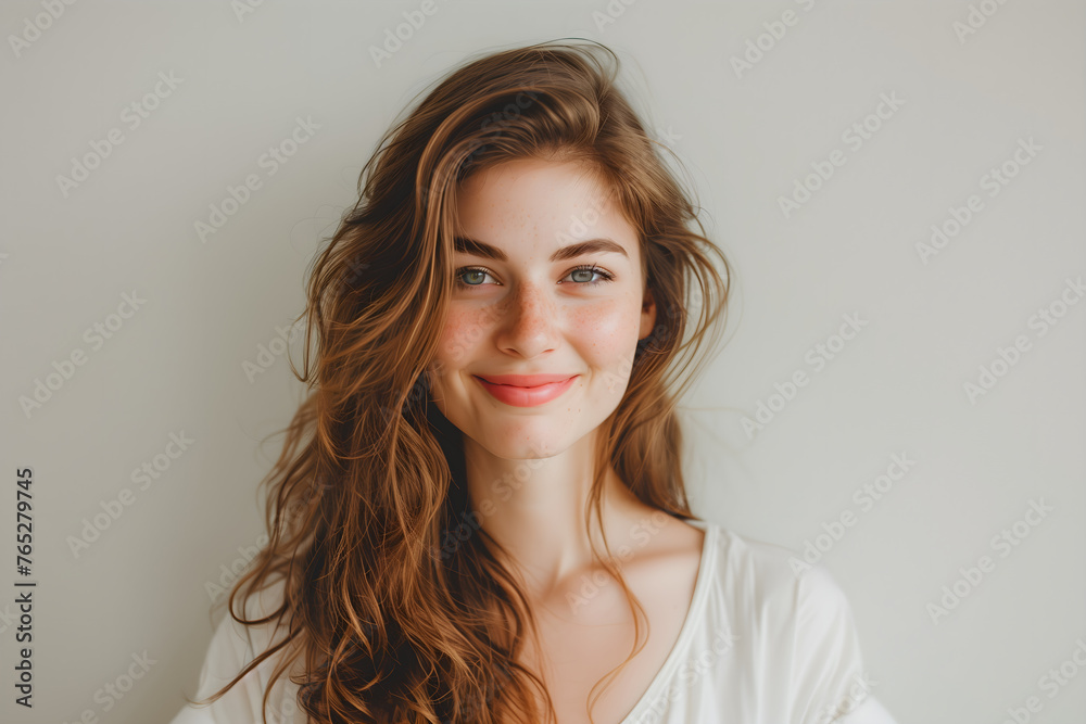 Confident young woman with charming smile on clean background. Positive human expressions