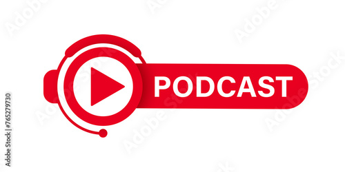 Red podcast banner. Vector PNG image isolated on transparent background. Lesson, course, banner, button, icon, online studying.