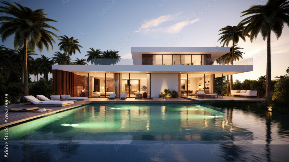 Fototapeta premium Exterior of amazing modern minimalist cubic villa with large swimming pool among palm trees. Generative AI
