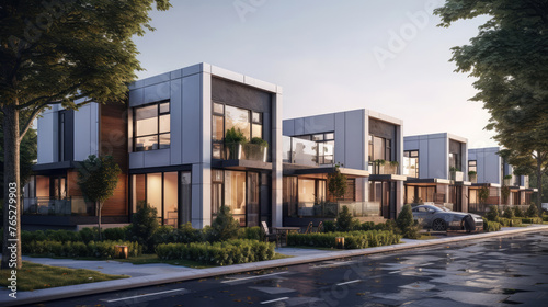 Modern modular private townhouses. Residential architecture exterior. Generative AI © Fang
