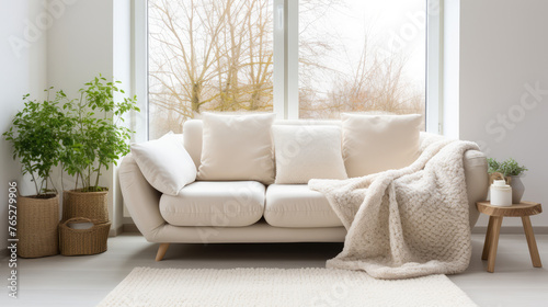 White sofa with wool blanket and fur pillow on rug against of grid window. Houseplants on wooden floor. Scandinavian style interior design of modern living room. Generative AI