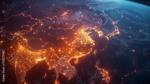 The Earth is seen from space during nighttime, showcasing city lights, oceans, and continents.