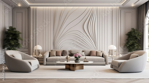 Grey sofa and beige armchairs in spacious luxury room with abstract curved wavy paneling walls and ceiling. Minimalist home interior design of modern living room. Generative AI