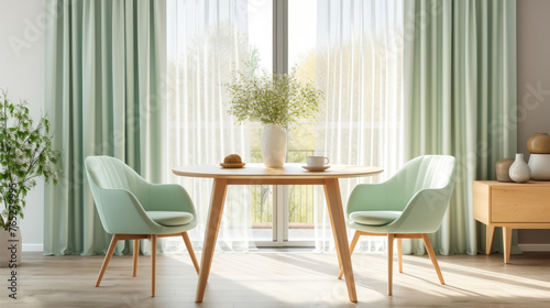 Two mint color chairs at round wooden dining table against window dressed with light green and white curtains. Scandinavian interior design of modern dining room Generative AI