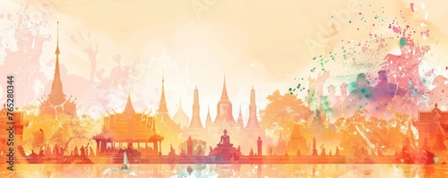 A colorful poster of a city with two Buddha statues in the background