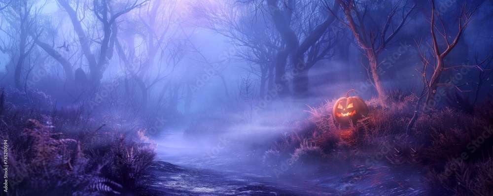 Obraz premium A forest scene with a pumpkin lantern on the ground