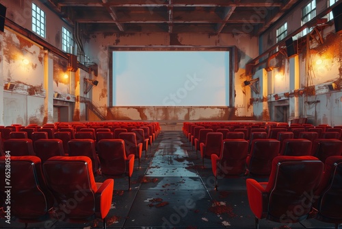 A building with an empty movie theater featuring red chairs, large screen, and projector accessory offers entertainment for events in a symmetrical room