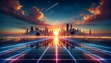 Sunset Serenade: Neon Grid Cityscape with Palms and Dusk Sky