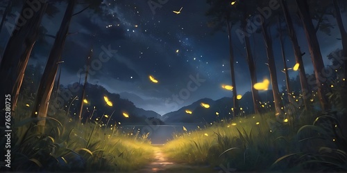 a magical summer night where fireflies illuminate the sky like twinkling stars. Describe the scene and the emotions it evokes in the characters witnessing this spectacle.. photo