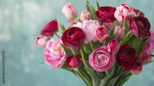 A charming bouquet of ranunculus and tulips, blending shades of pink and red for a romantic touch