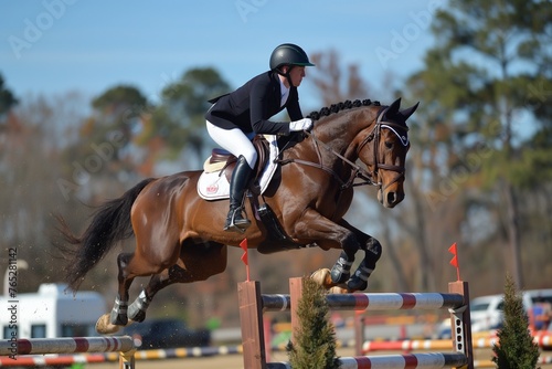 A horse and rider jumping over a wooden fence on a cross-country course, mid-air