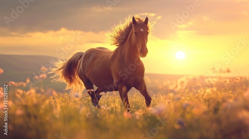 A horse with a flowing mane and tail galloping through a field of wildflowers at sunset © Image Studio
