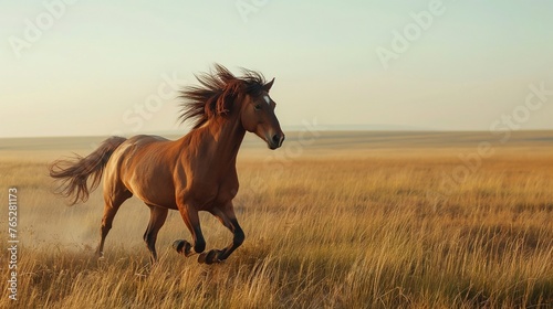 A majestic horse galloping freely across a vast open field  mane and tail flowing in the wind