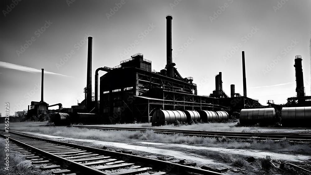 Abandoned industrial landscape with railroad tracks and factory. Black and white