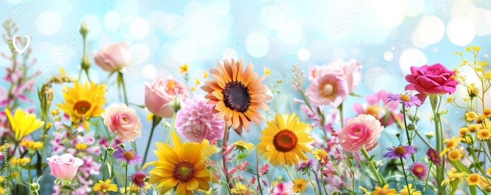 A field of flowers with a bright blue sky in the background