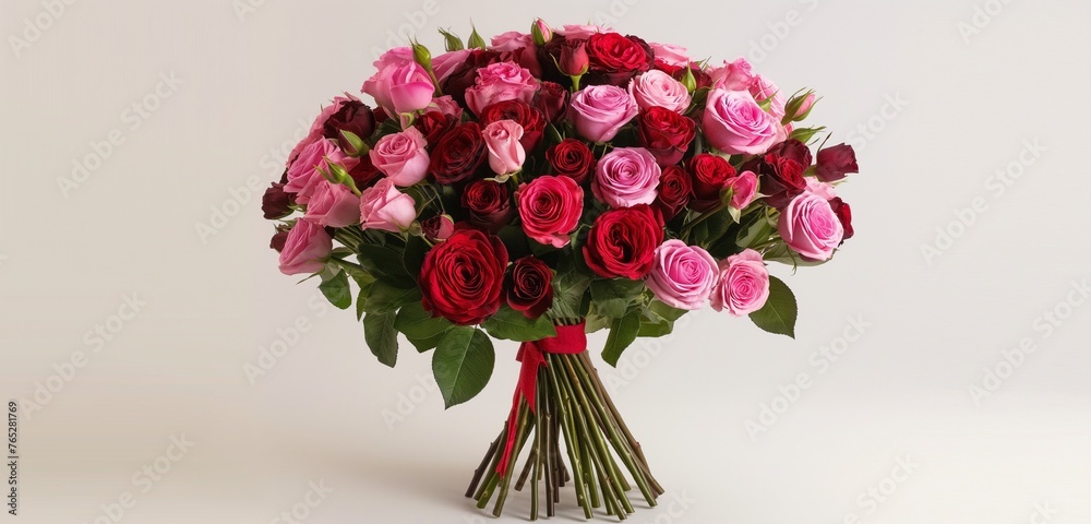 A classic bouquet of red and pink roses, tightly bundled for a timeless and romantic feel