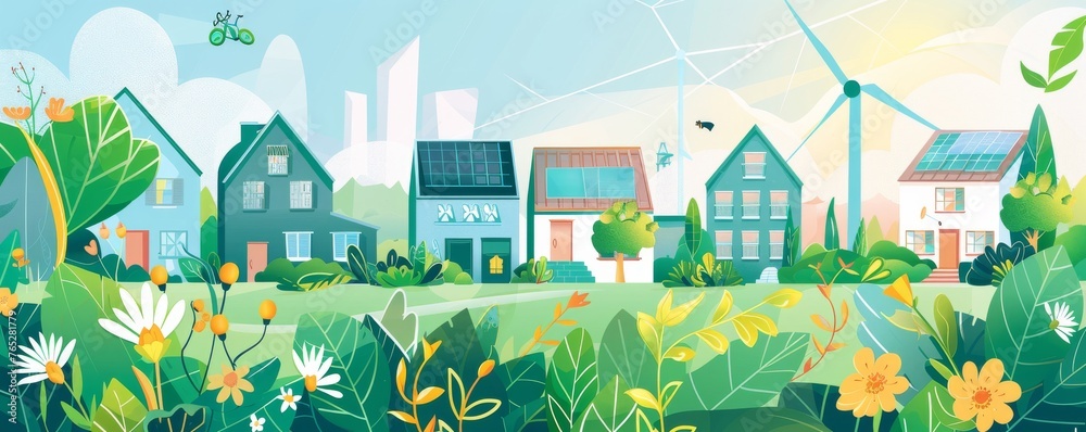 A cartoon drawing of a neighborhood with houses and a wind turbine A cartoon drawing of a neighborhood with houses and a wind turbine
