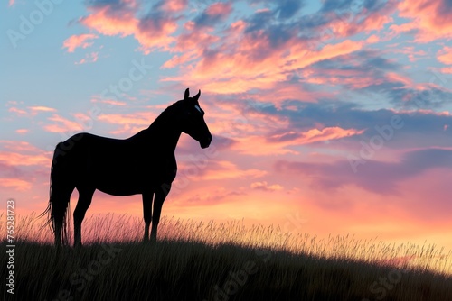 A beautiful horse standing regally on a hilltop  silhouetted against a colorful sunset sky