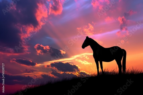 A beautiful horse standing regally on a hilltop, silhouetted against a colorful sunset sky