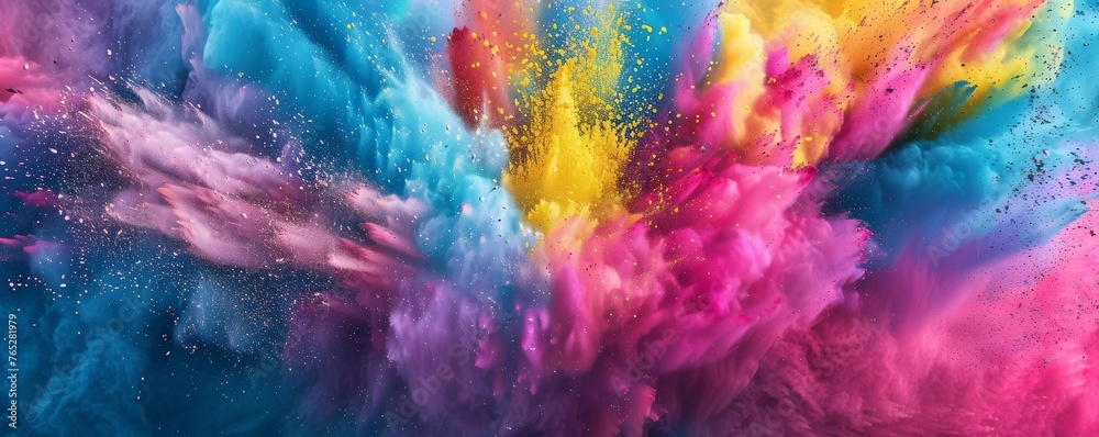 A colorful explosion of paint is shown in the image, with a mix of blue, pink