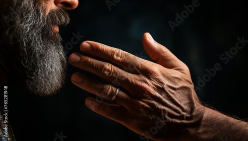 Unrecognizable bearded muslim man with pointing male hand, concept of authoritative leadership © Iuliia