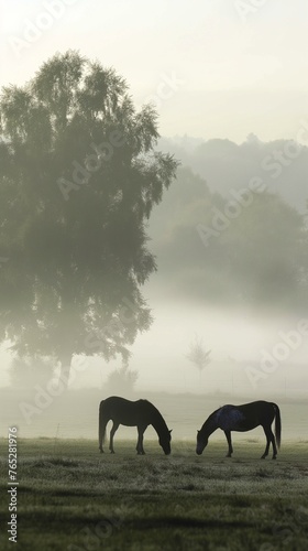 A pair of horses grazing peacefully in a misty meadow, the landscape shrouded in early morning fog