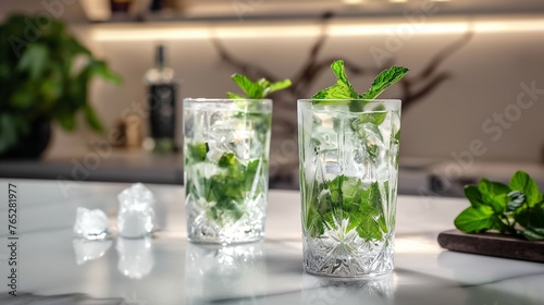A pair of crystal highball glasses filled with ice-cold mojitos, garnished with fresh mint
