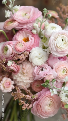 A romantic bouquet of pink and white ranunculus  creating a soft and dreamy composition