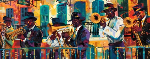 A painting of a group of musicians playing jazz instruments