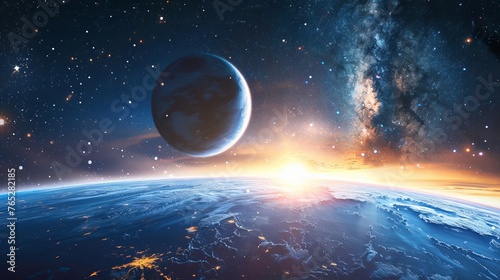  A spectacular outer space background features the Earth planet and moon set against a backdrop of twinkling stars during a sunrise