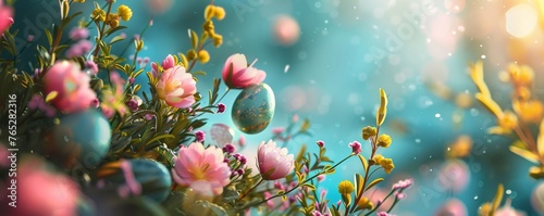 A colorful field of flowers with a few Easter eggs scattered throughout