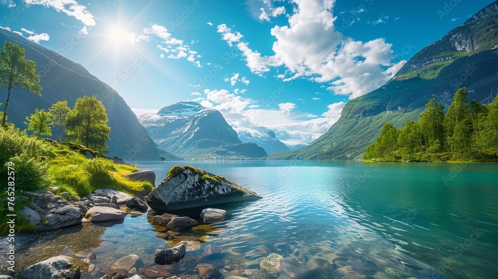 
An impressive summer view of Lovatnet Lake in the municipality of Stryn, located in Sogn og Fjordane county, Norway, captivates with its colorful morning scene.  - obrazy, fototapety, plakaty 