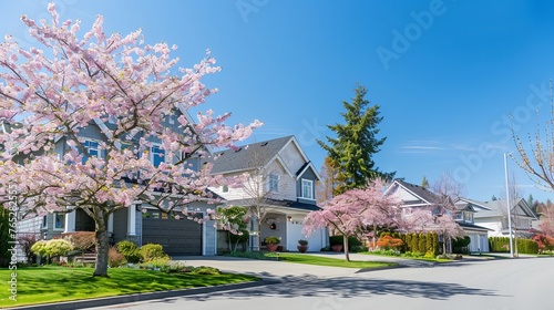 Luxury houses in the suburbs of North America are adorned with spring blossoms