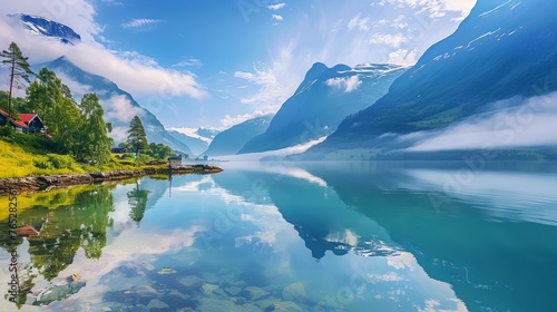 
An impressive summer view of Lovatnet Lake in the municipality of Stryn, located in Sogn og Fjordane county, Norway, captivates with its colorful morning scene. 