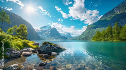 
An impressive summer view of Lovatnet Lake in the municipality of Stryn, located in Sogn og Fjordane county, Norway, captivates with its colorful morning scene.  photo