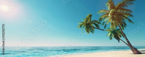 A beautiful beach scene with palm trees and a clear blue ocean © Exnoi