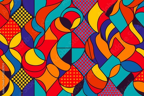 Abstract colorful art with various geometric shapes and patterns 