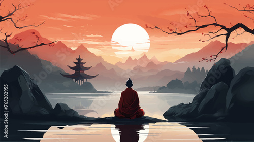 Silhouette Buddhist monk meditation on the river side with a high mountain and beautiful sunset background photo