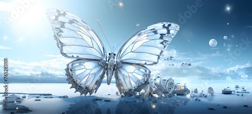photograph of a white butterfly robot adorned in celestial sun and moon, ai generative