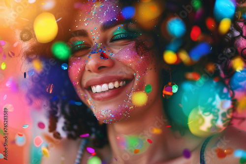 Rainbow confetti celebration, happy african-american woman at a colourful pride party with glittery pride glitter © Simn