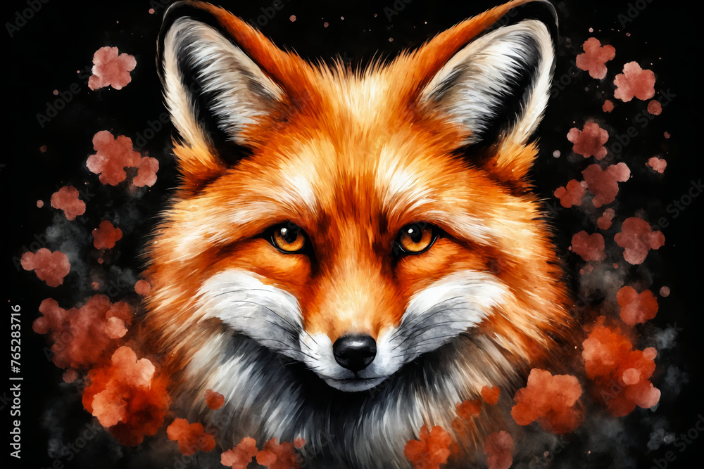 Charming cute red fox with flowers on a black background. Beautiful watercolor illustration. Portrait of a wild forest animal, suitable for clothes, posters, books.
