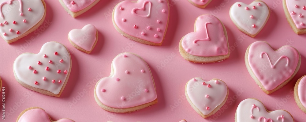 A row of pink heart-shaped cookies with icing A row of pink heart-shaped cookies with icing