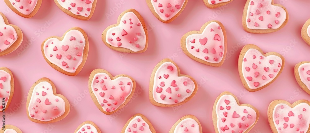 A row of pink heart-shaped cookies with icing A row of pink heart-shaped cookies with icing
